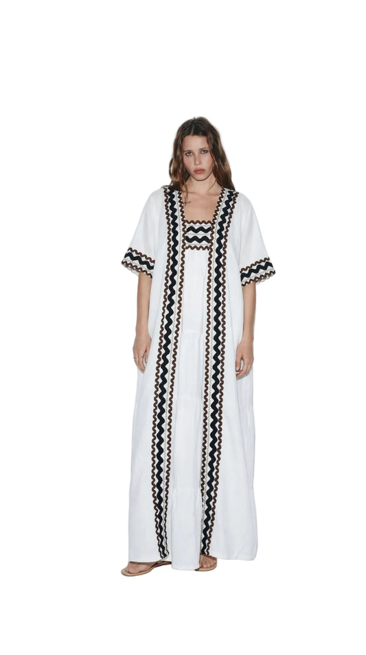 Coral White Kimono and Dress Set, white cotton tiered maxi dress and shrug set with black and brown zigzag rickrack trim, square neckline – main image
