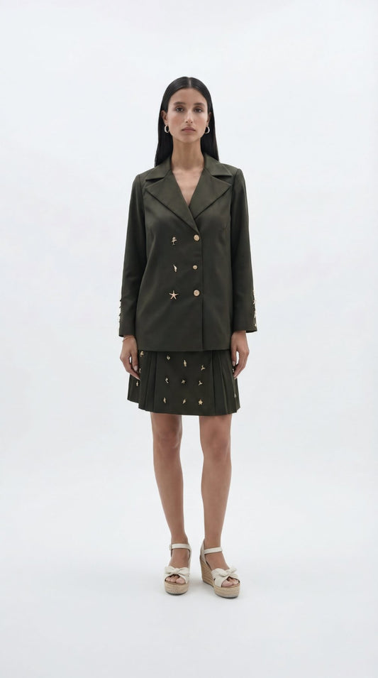 Olivia Full Sleeve Co-Ord Set, olive green gabardine cotton double-breasted blazer and skort co-ord set with gold-toned buttons and hand-embellished golden charms – main image