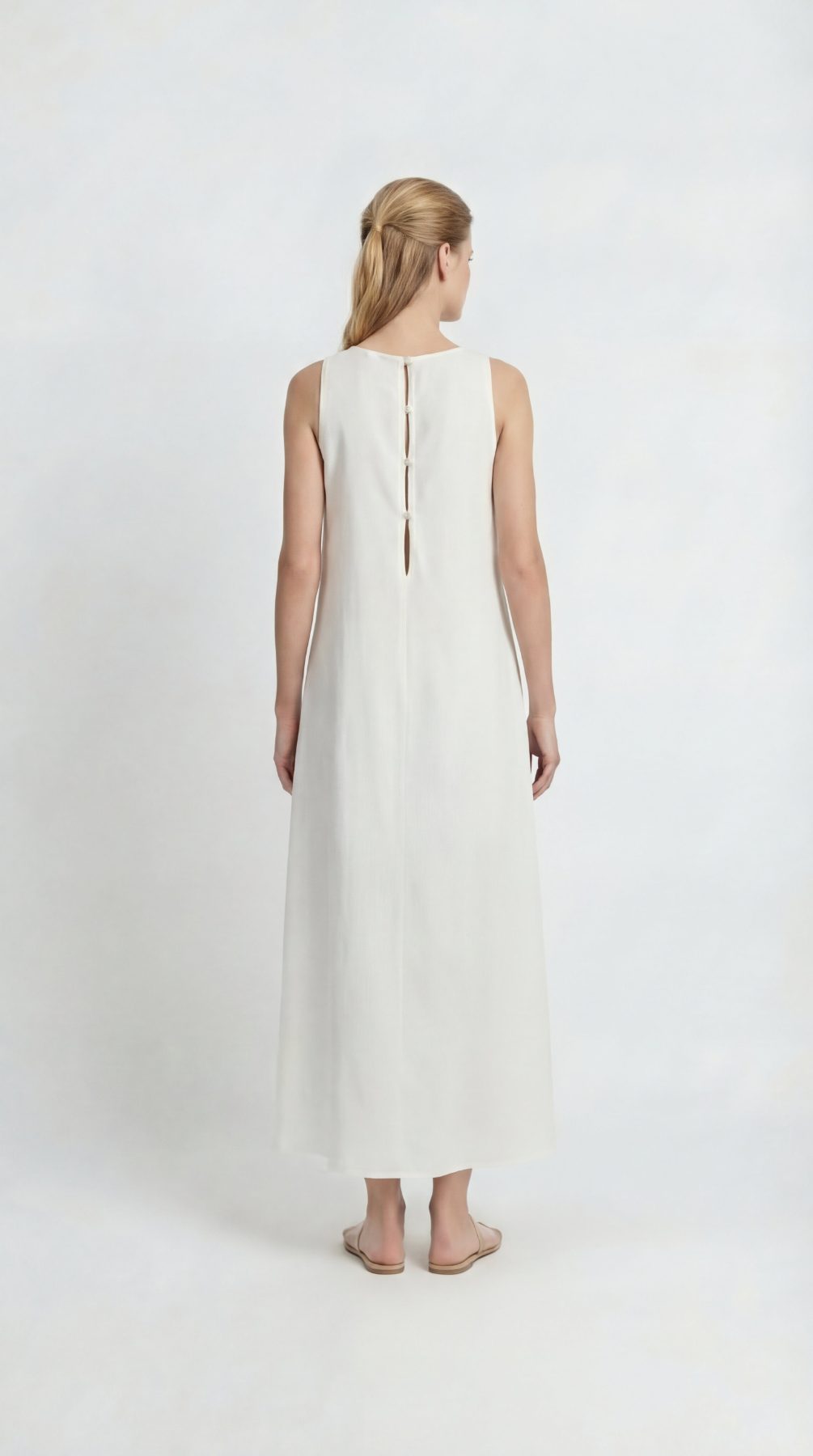 Pearl White Maxi Dress With Kimono Set, pearl white 100% pure linen maxi dress with handcrafted pearl embellishment, sleeveless neckline and back-button closure – close-up detail