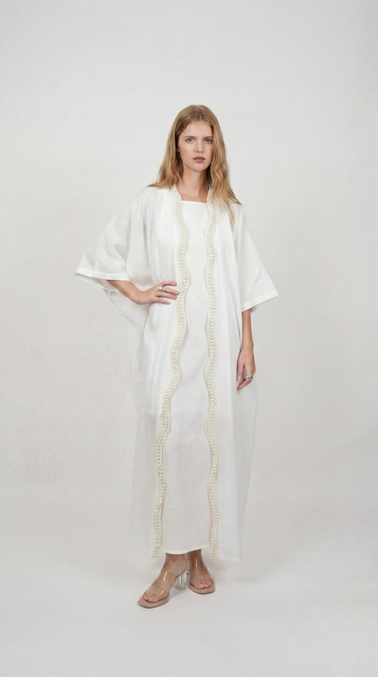 Pearl White Maxi Dress With Kimono Set