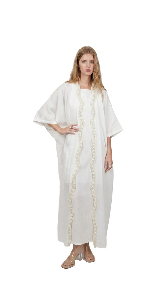 Pearl White Maxi Dress With Kimono Set