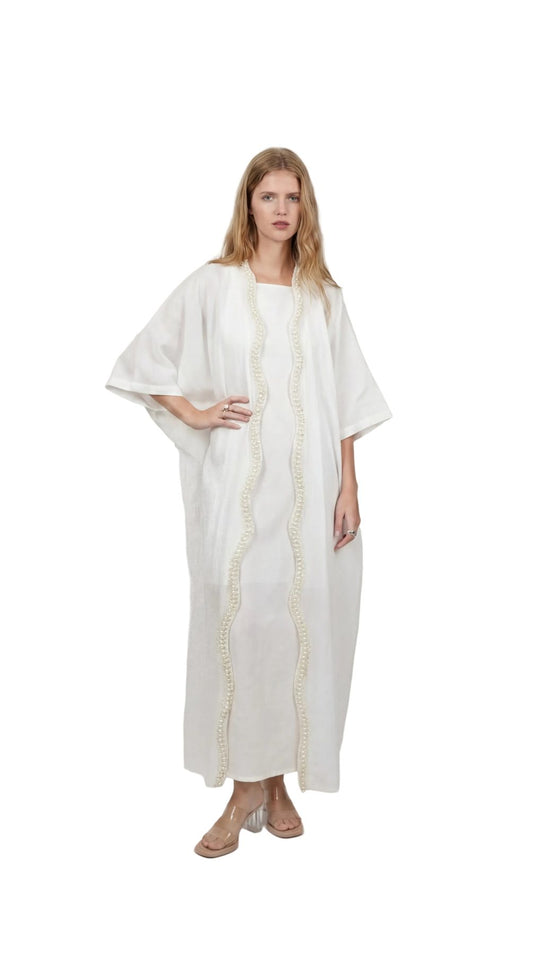 Pearl White Maxi Dress With Kimono Set, pearl white 100% pure linen maxi dress with handcrafted pearl embellishment, sleeveless neckline and back-button closure – main image