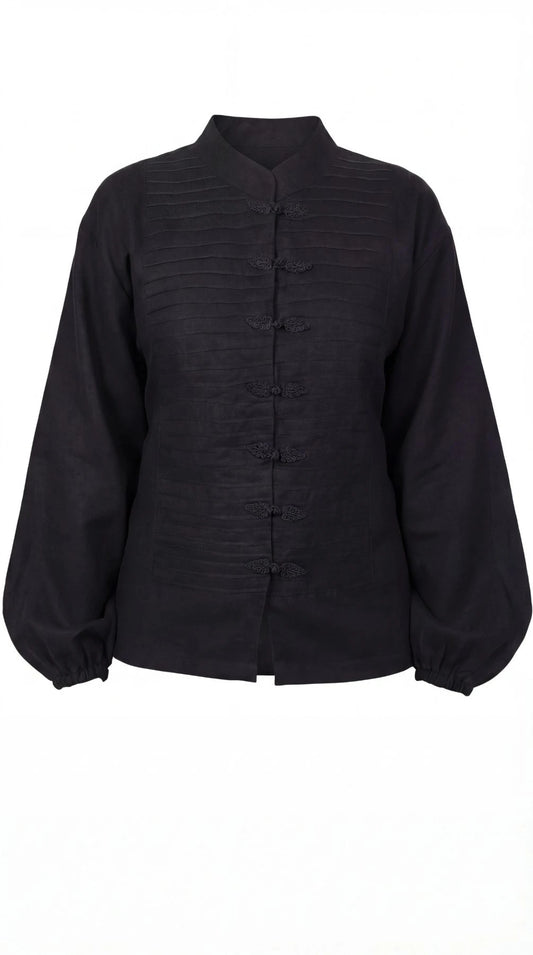 Inori Black Linen Top, black 100% linen mandarin collar blouse with frog-button knots, bell sleeves and adjustable corset-style lace-up back – close-up detail