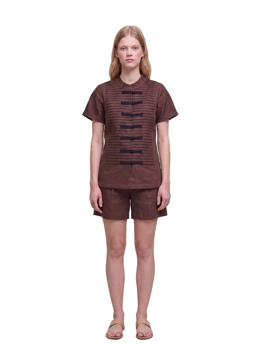Inori Short Sleeve Top, premium 100% linen mandarin collar short-sleeve blouse with frog-button closures and adjustable lace-up back – main image