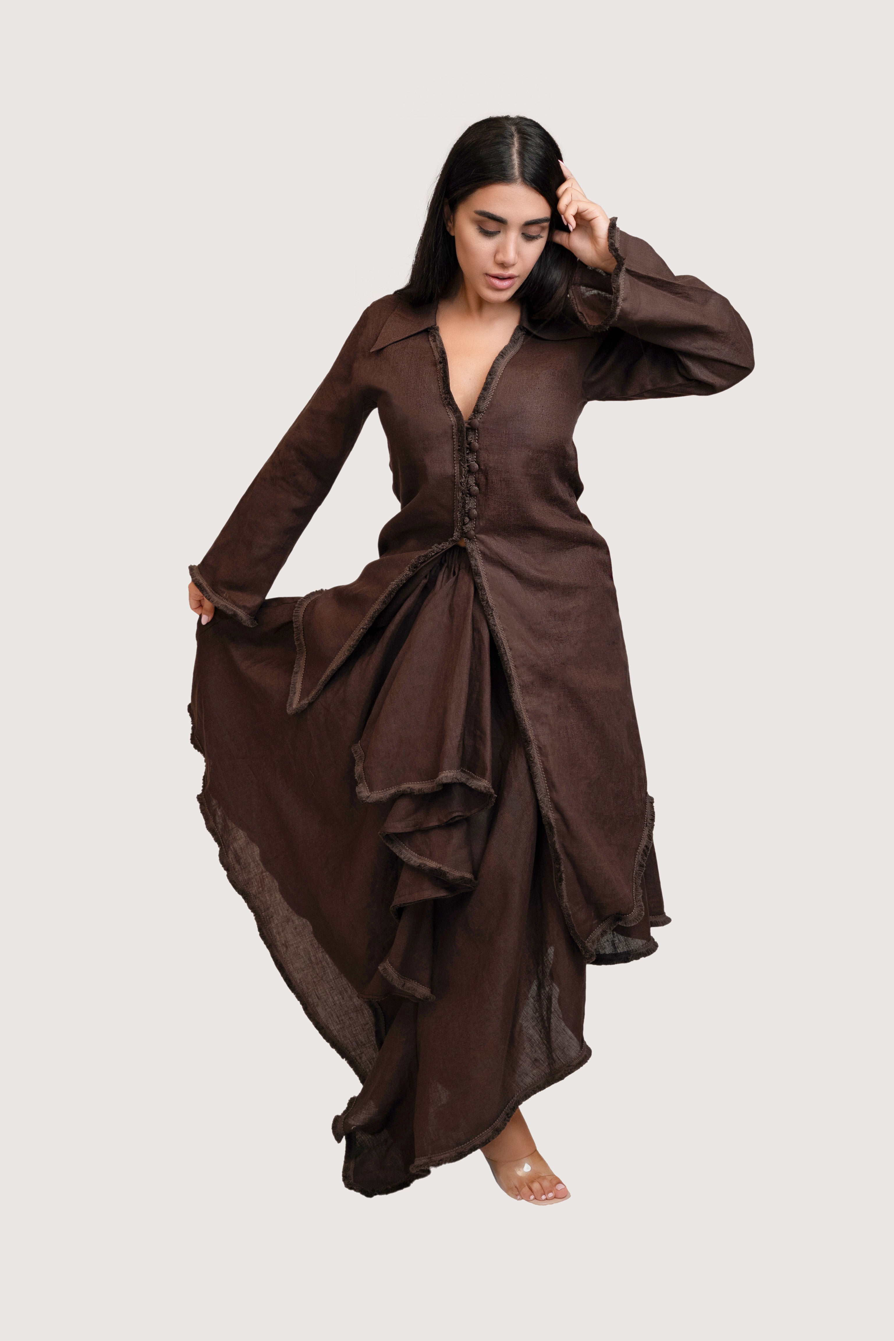 Umenlele Women's Ruched Ruffle High Low Midi Skirt | Asymmetrical Hem High Waist Skirt - Brown, Medium