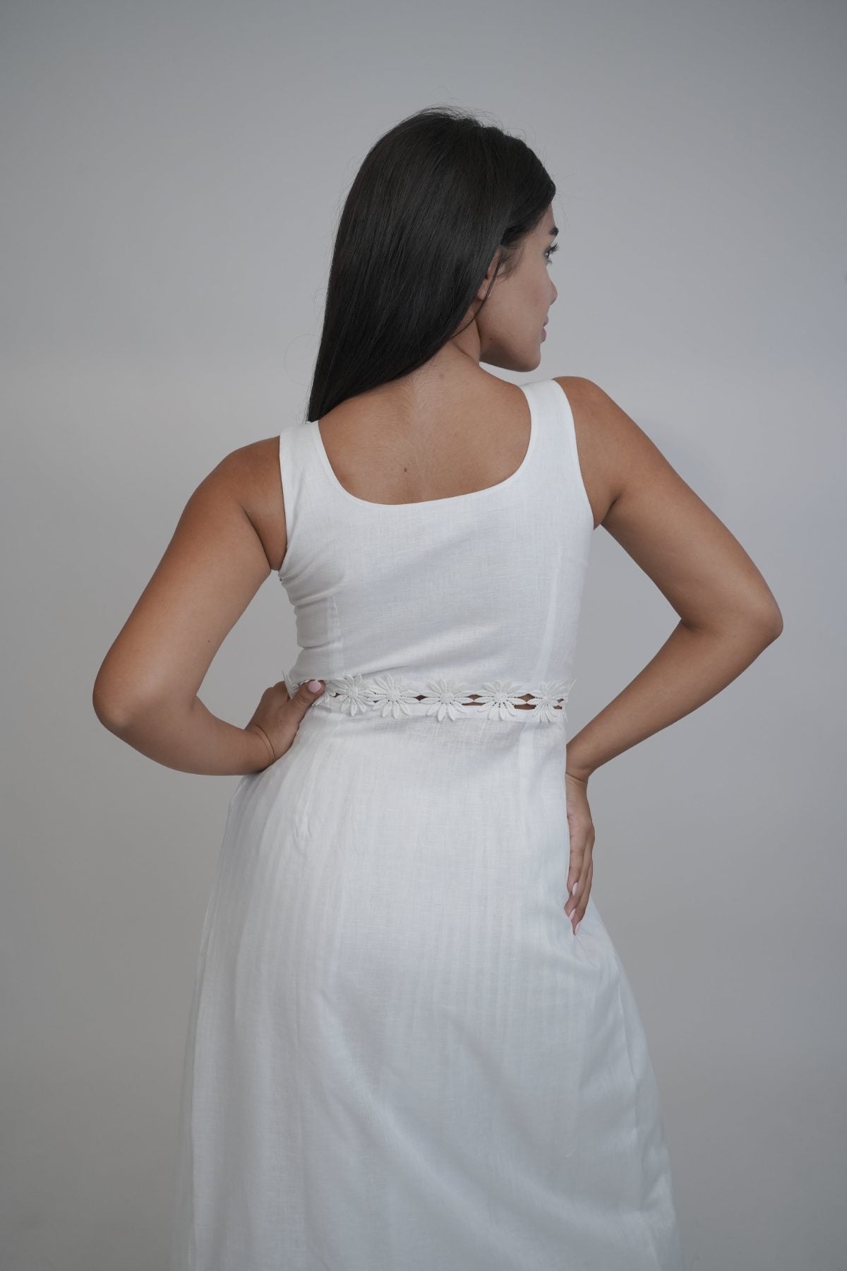 Margot White Linen Co-ord Set, white pure linen co-ord set with sleeveless elongated tunic top, floral embroidery and wide-leg trousers – front view