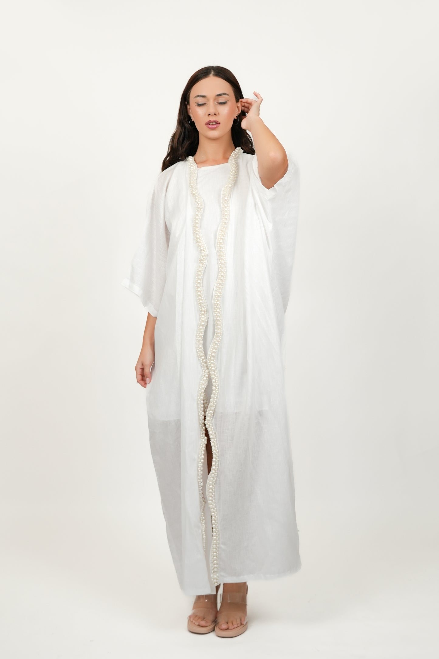 Pearl White Short Dress With Kimono Set