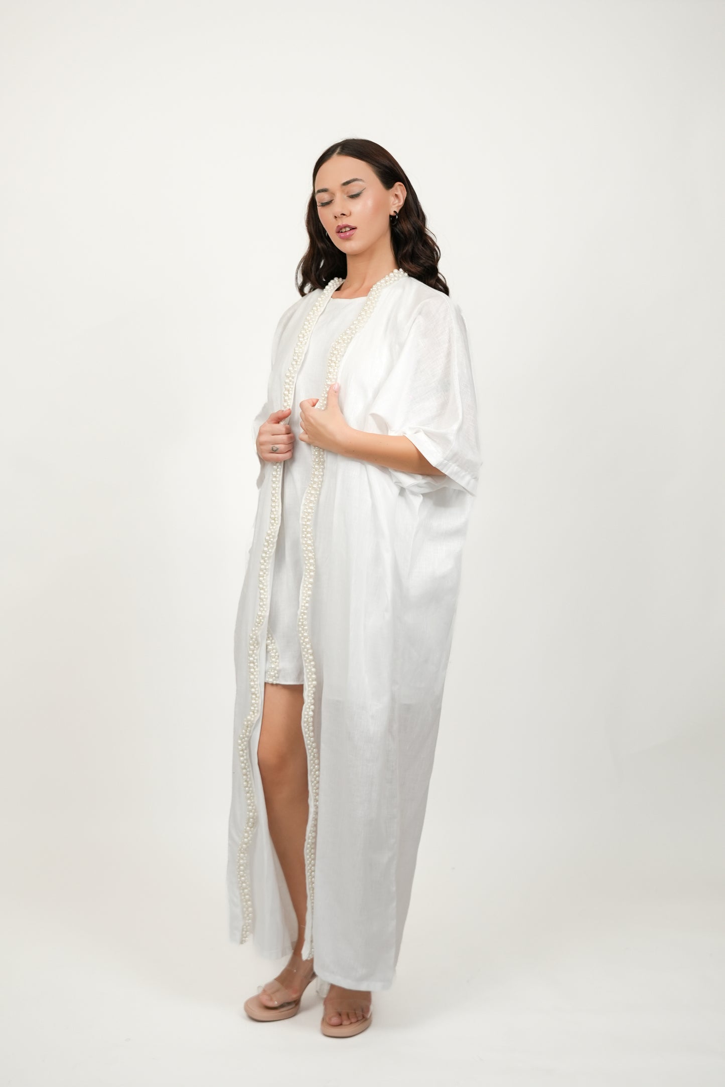 Pearl White Short Dress With Kimono Set