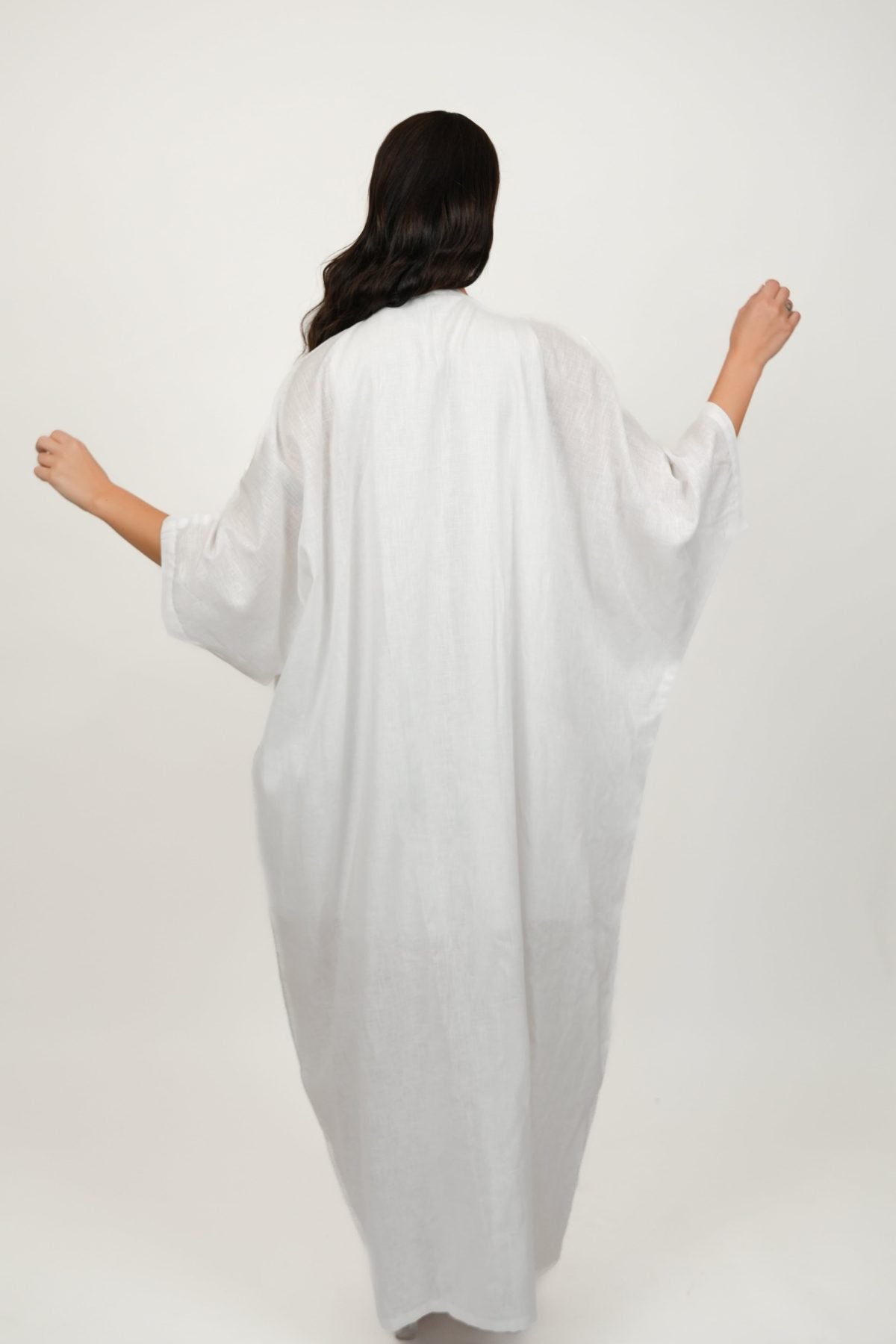 Pearl White Maxi Dress With Kimono Set, pearl white 100% pure linen maxi dress with handcrafted pearl embellishment, sleeveless neckline and back-button closure – back view