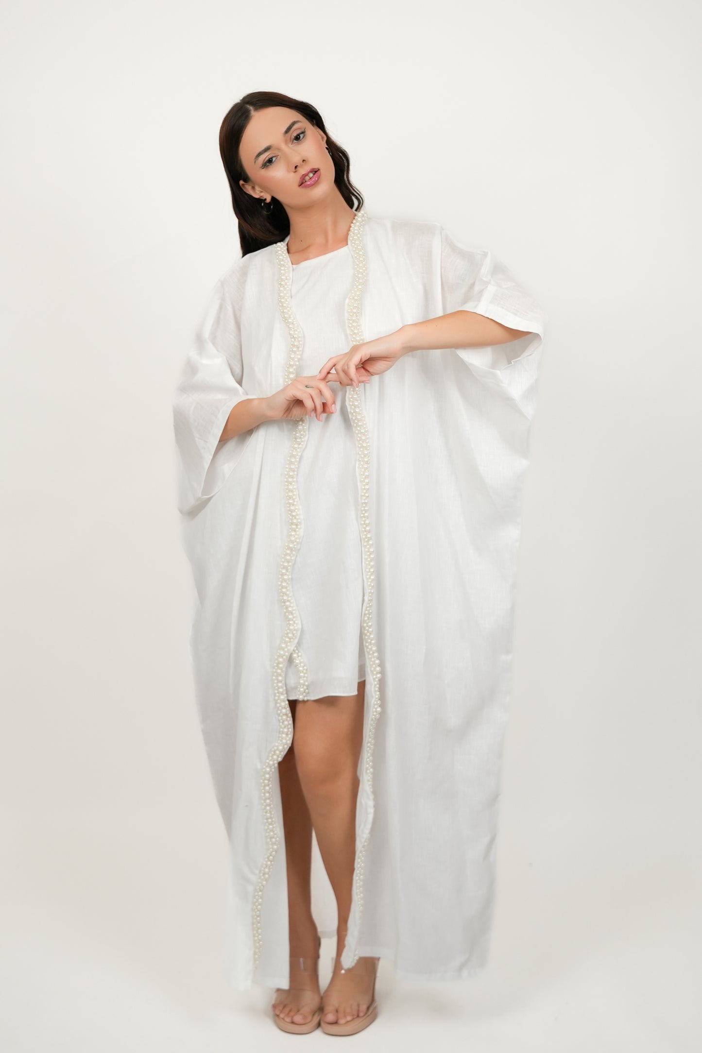 Pearl White Short Dress With Kimono Set
