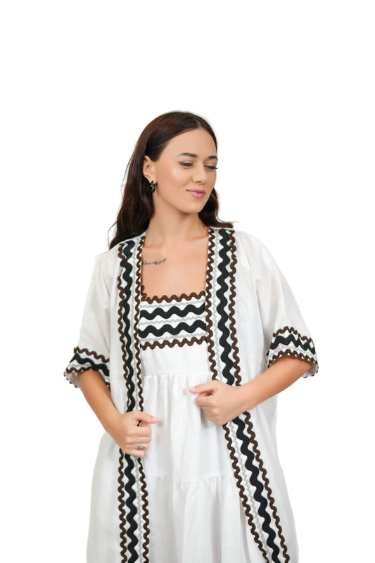 Coral White Kimono and Dress Set