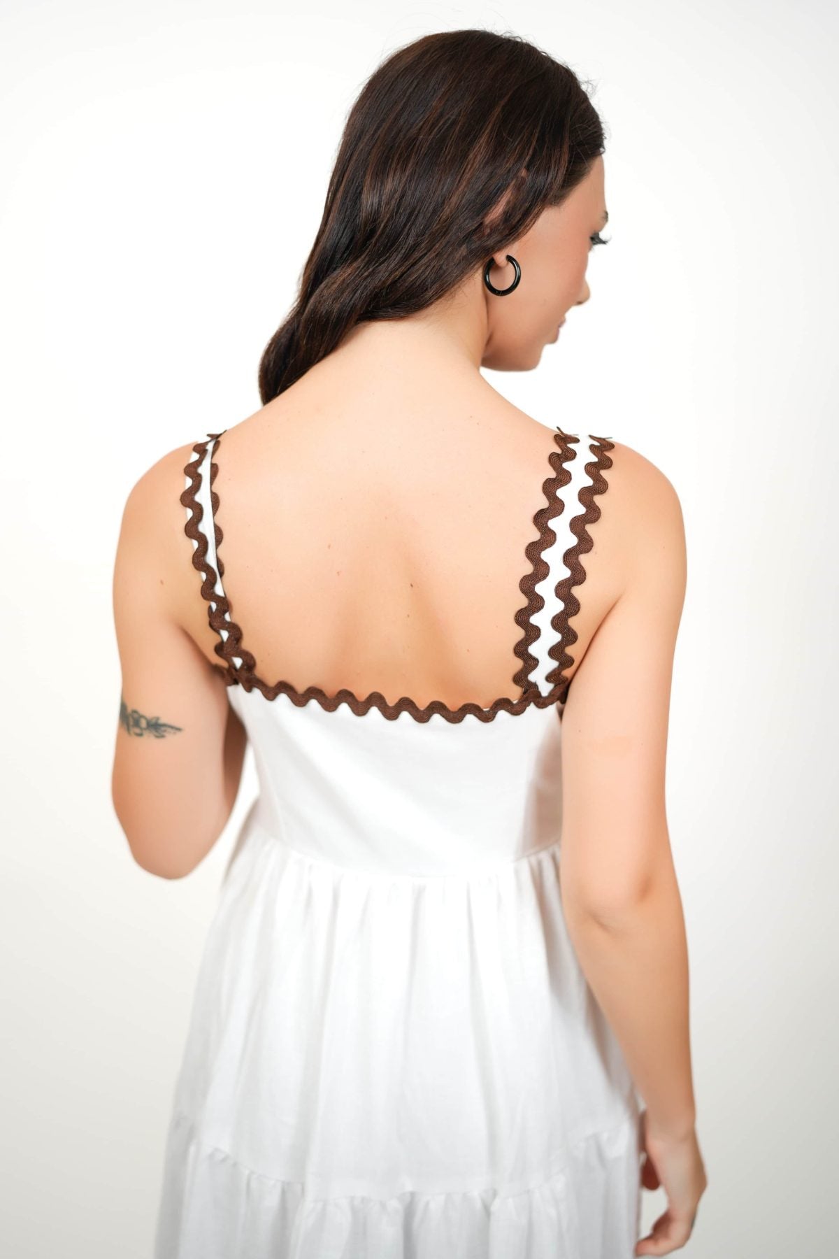 Coral White Kimono and Dress Set, white cotton tiered maxi dress and shrug set with black and brown zigzag rickrack trim, square neckline – front view