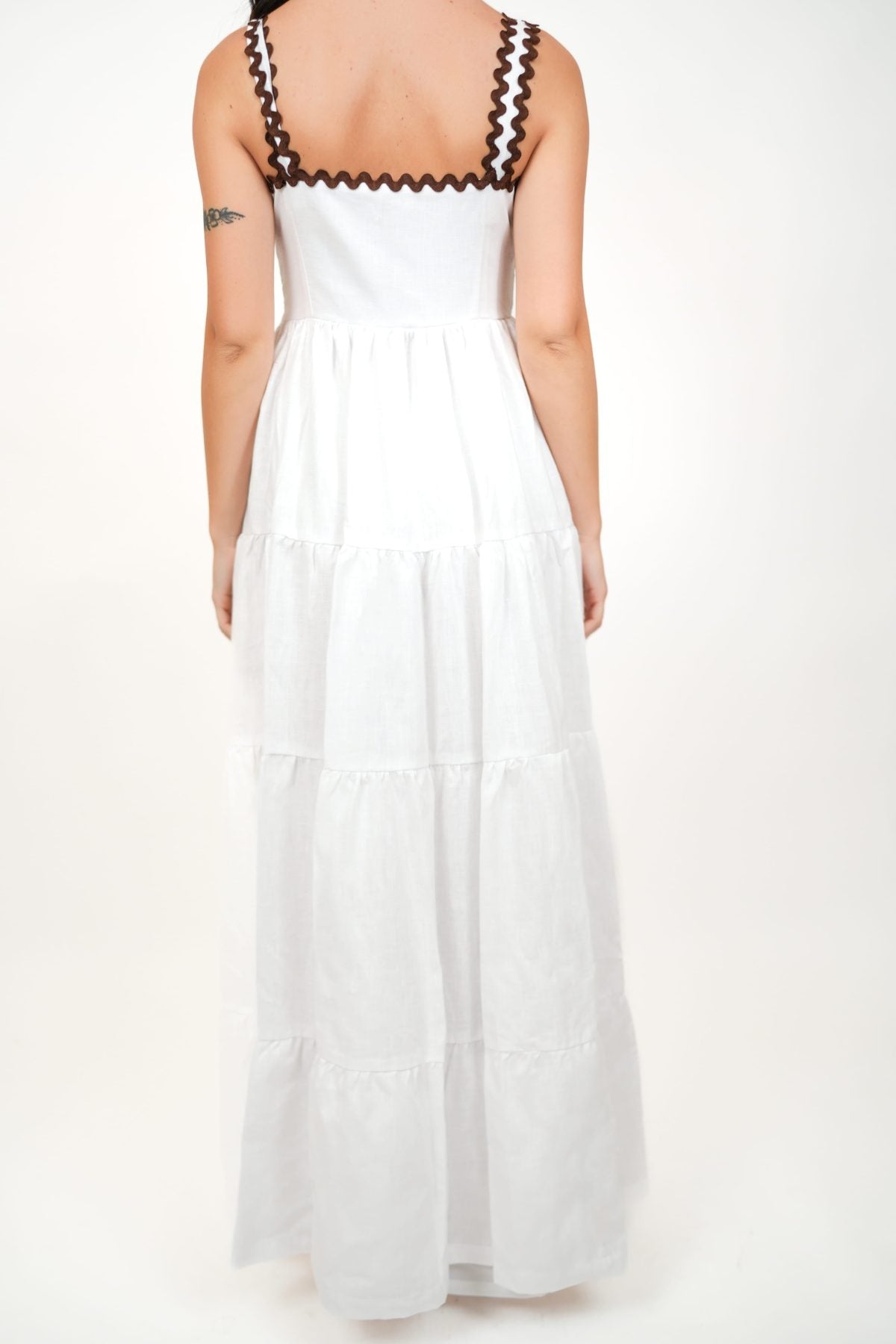 Coral White Kimono and Dress Set, white cotton tiered maxi dress and shrug set with black and brown zigzag rickrack trim, square neckline – flat lay detail