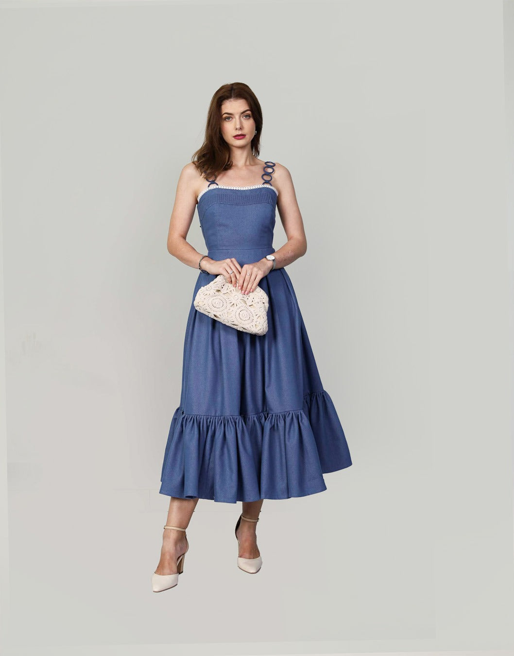 Blue Denim Pleated Maxi Dress – Lace Cutwork Design