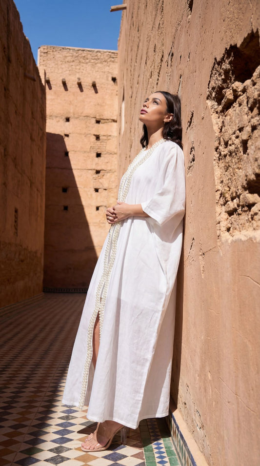 Pearl White Maxi Dress With Kimono Set, pearl white 100% pure linen maxi dress with handcrafted pearl embellishment, sleeveless neckline and back-button closure – flat lay detail