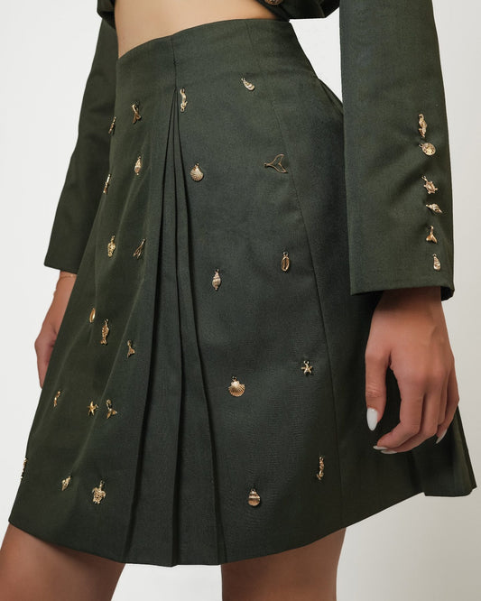 Olivia Full Sleeve Co-Ord Set, olive green gabardine cotton double-breasted blazer and skort co-ord set with gold-toned buttons and hand-embellished golden charms – front view