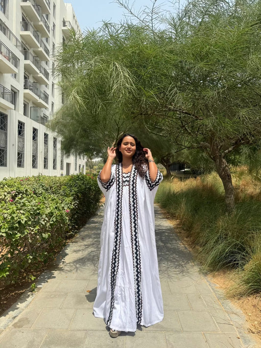 Coral White Kimono and Dress Set, white cotton tiered maxi dress and shrug set with black and brown zigzag rickrack trim, square neckline – close-up detail