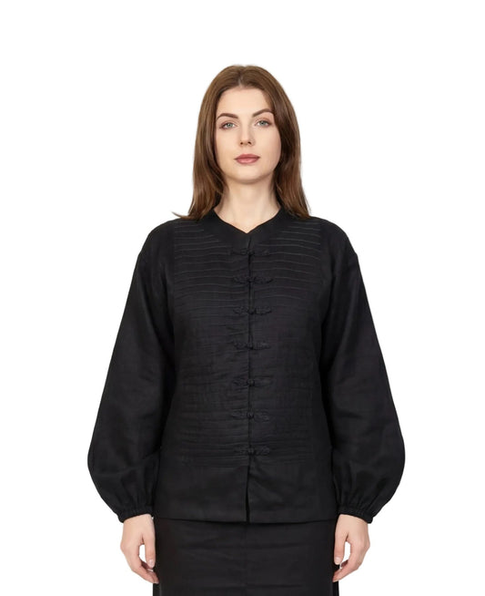 Inori Black Linen Top, black 100% linen mandarin collar blouse with frog-button knots, bell sleeves and adjustable corset-style lace-up back – main image