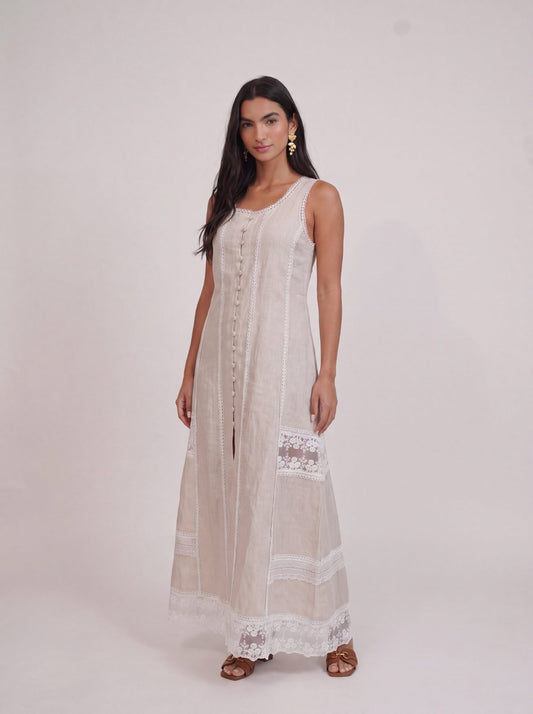 Ibiza Beige Dress, beige sleeveless 100% pure linen maxi dress with sweetheart neckline, fitted bodice and embroidered lace panel work – close-up detail