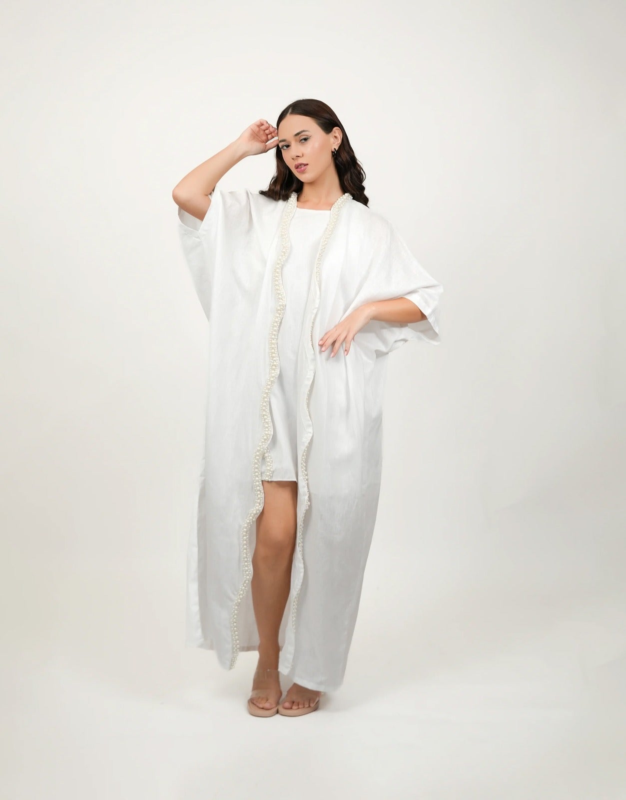 Pearl White Short Dress With Kimono Set