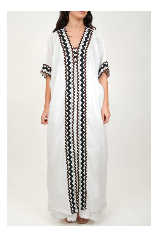 Coral White Kimono and Dress Set, white cotton tiered maxi dress and shrug set with black and brown zigzag rickrack trim, square neckline – styled on model