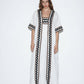 Coral White Kimono and Dress Set, white cotton tiered maxi dress and shrug set with black and brown zigzag rickrack trim, square neckline – main image