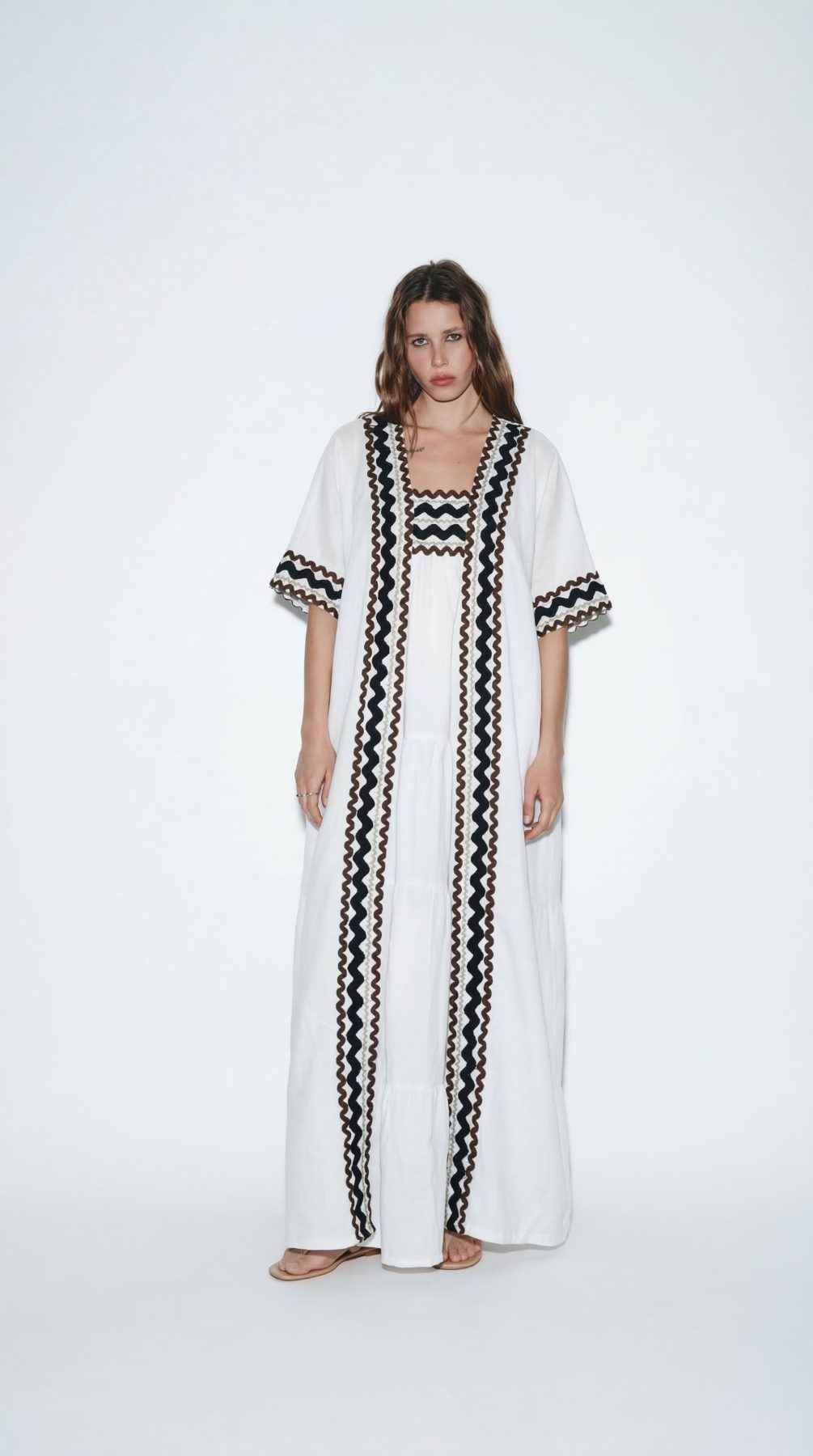 Coral White Kimono and Dress Set, white cotton tiered maxi dress and shrug set with black and brown zigzag rickrack trim, square neckline – main image