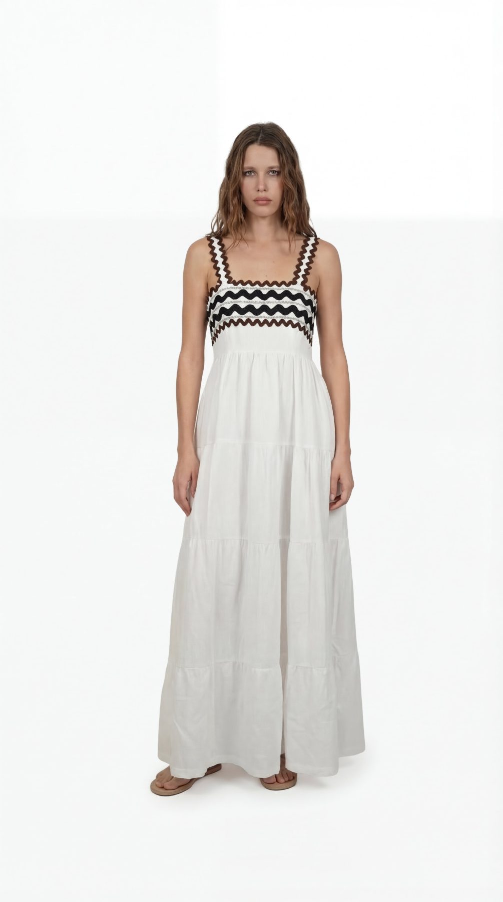 Coral White Kimono and Dress Set, white cotton tiered maxi dress and shrug set with black and brown zigzag rickrack trim, square neckline – back view