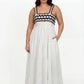 Coral White Kimono and Dress Set, white cotton tiered maxi dress and shrug set with black and brown zigzag rickrack trim, square neckline – alternate angle