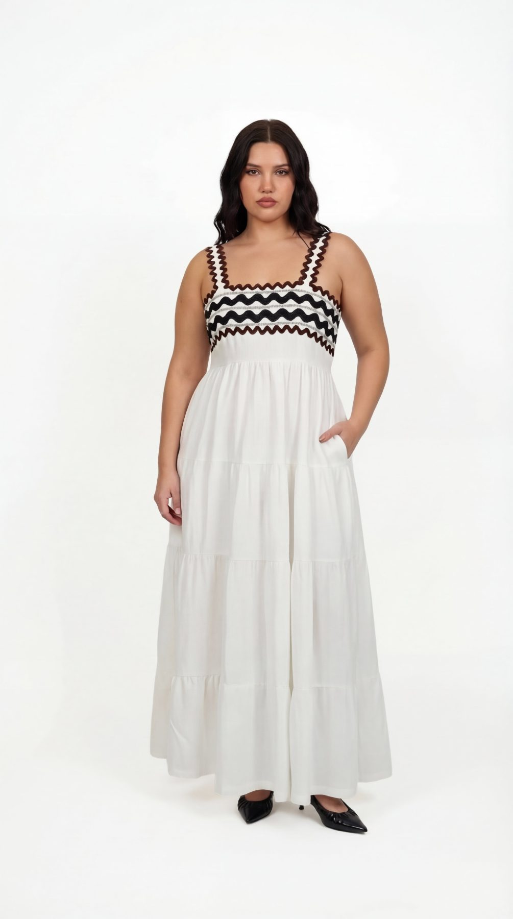Coral White Kimono and Dress Set, white cotton tiered maxi dress and shrug set with black and brown zigzag rickrack trim, square neckline – alternate angle