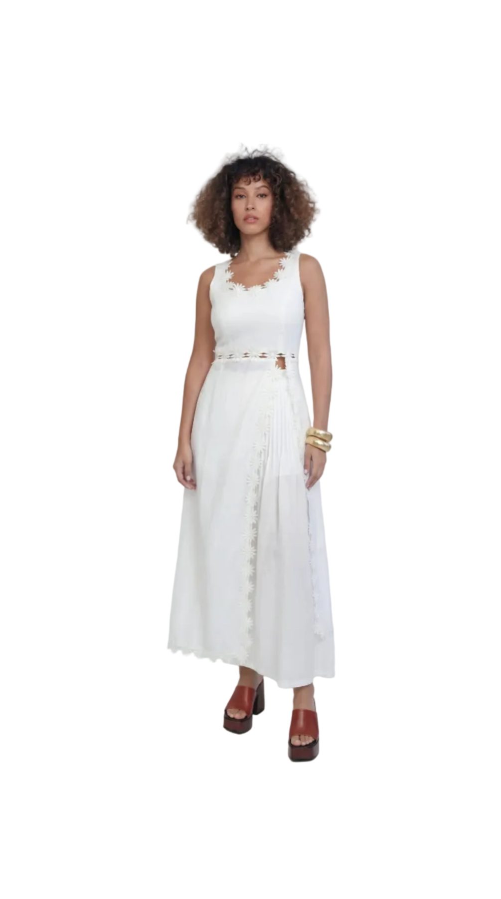 Margot White Linen Co-ord Set, white pure linen co-ord set with sleeveless elongated tunic top, floral embroidery and wide-leg trousers – main image