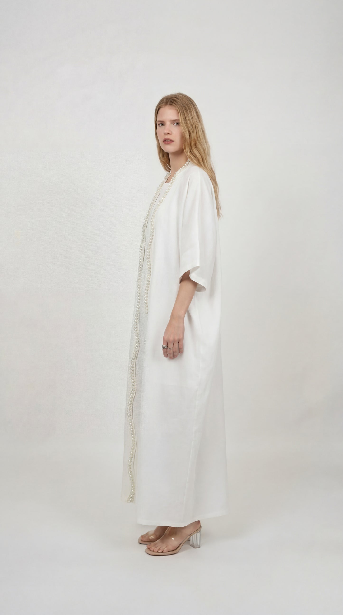 Pearl White Maxi Dress With Kimono Set