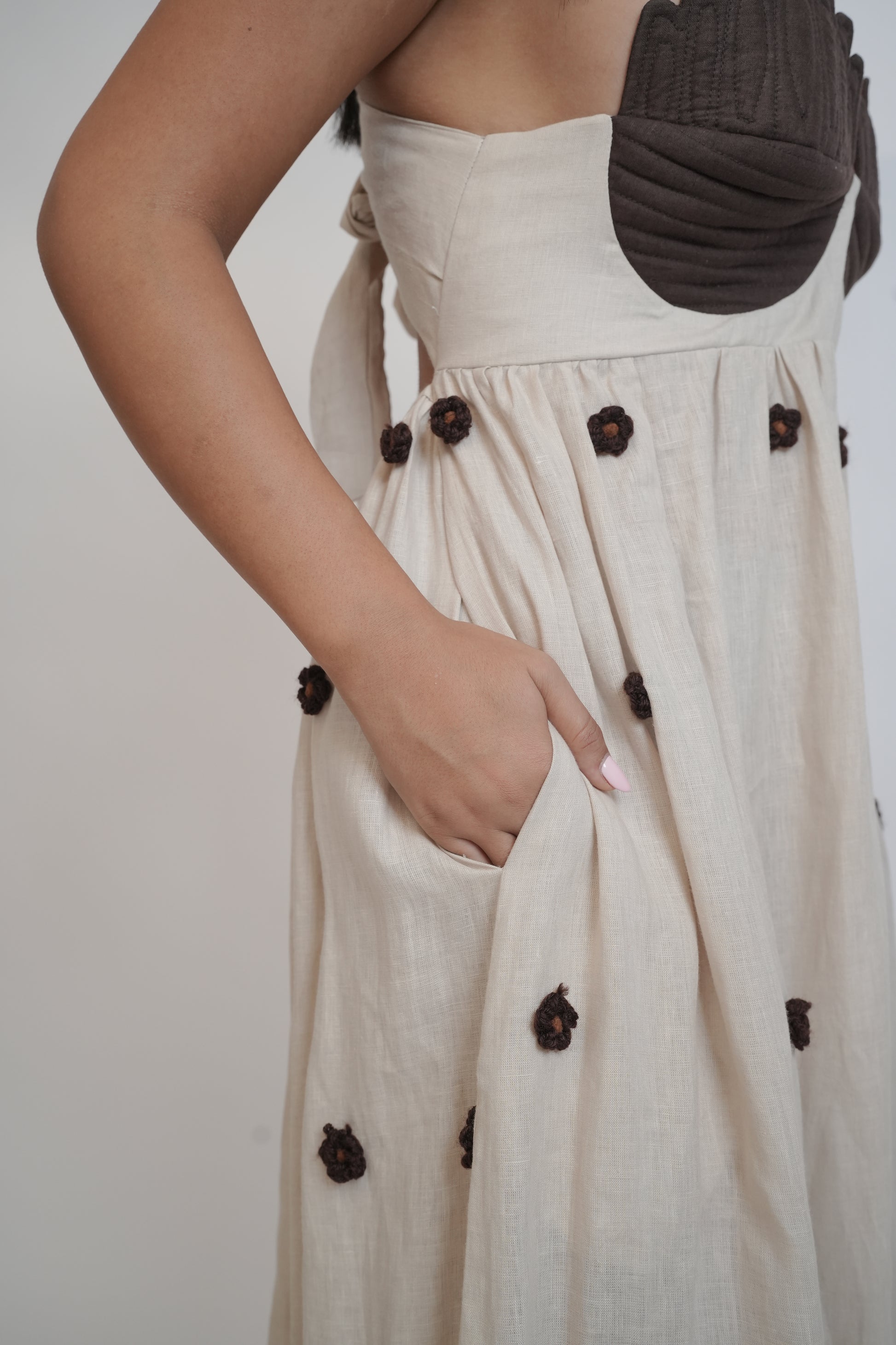 brown and white linen dress Balcony Moment Brown Linen Midi Dress | Trendy Women's Dress