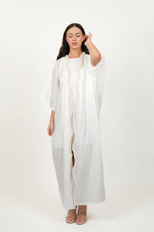Pearl White Maxi Dress With Kimono Set