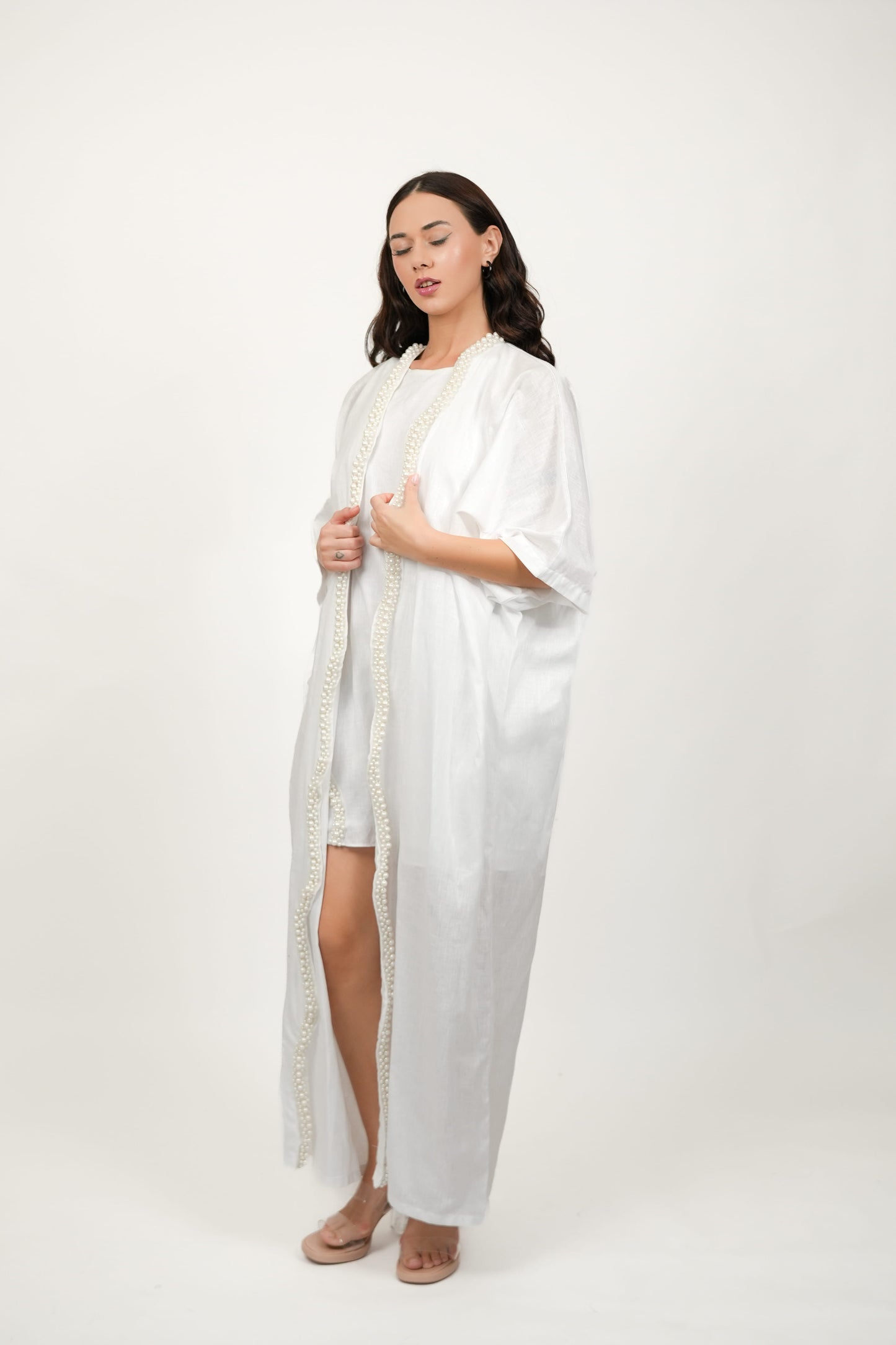 Pearl White Short Dress With Kimono Set