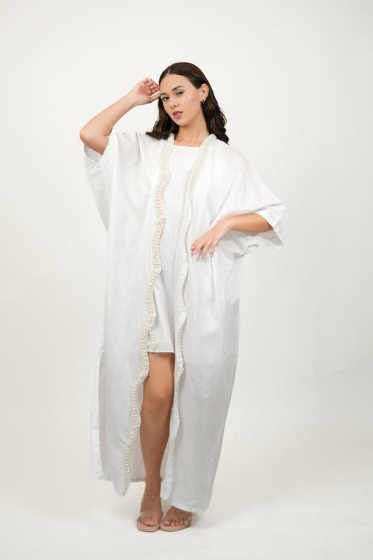 Pearl White Short Dress With Kimono Set