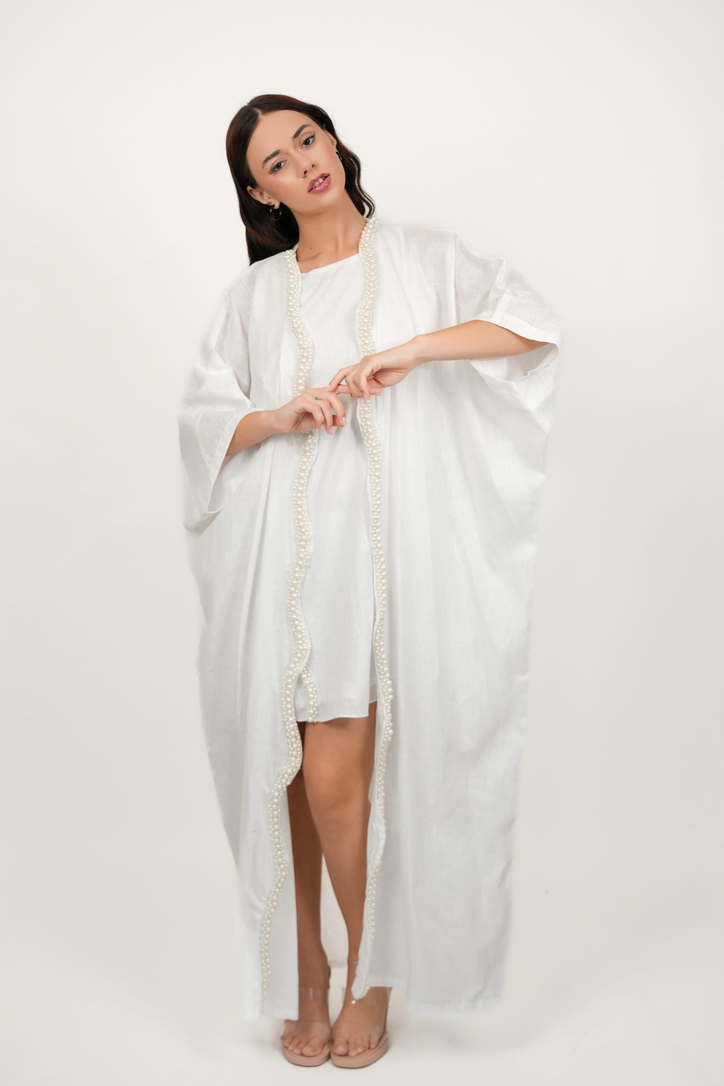 Pearl White Short Dress With Kimono Set