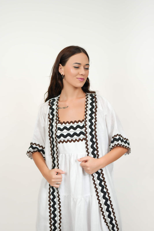 Coral White dress & Kimono Set