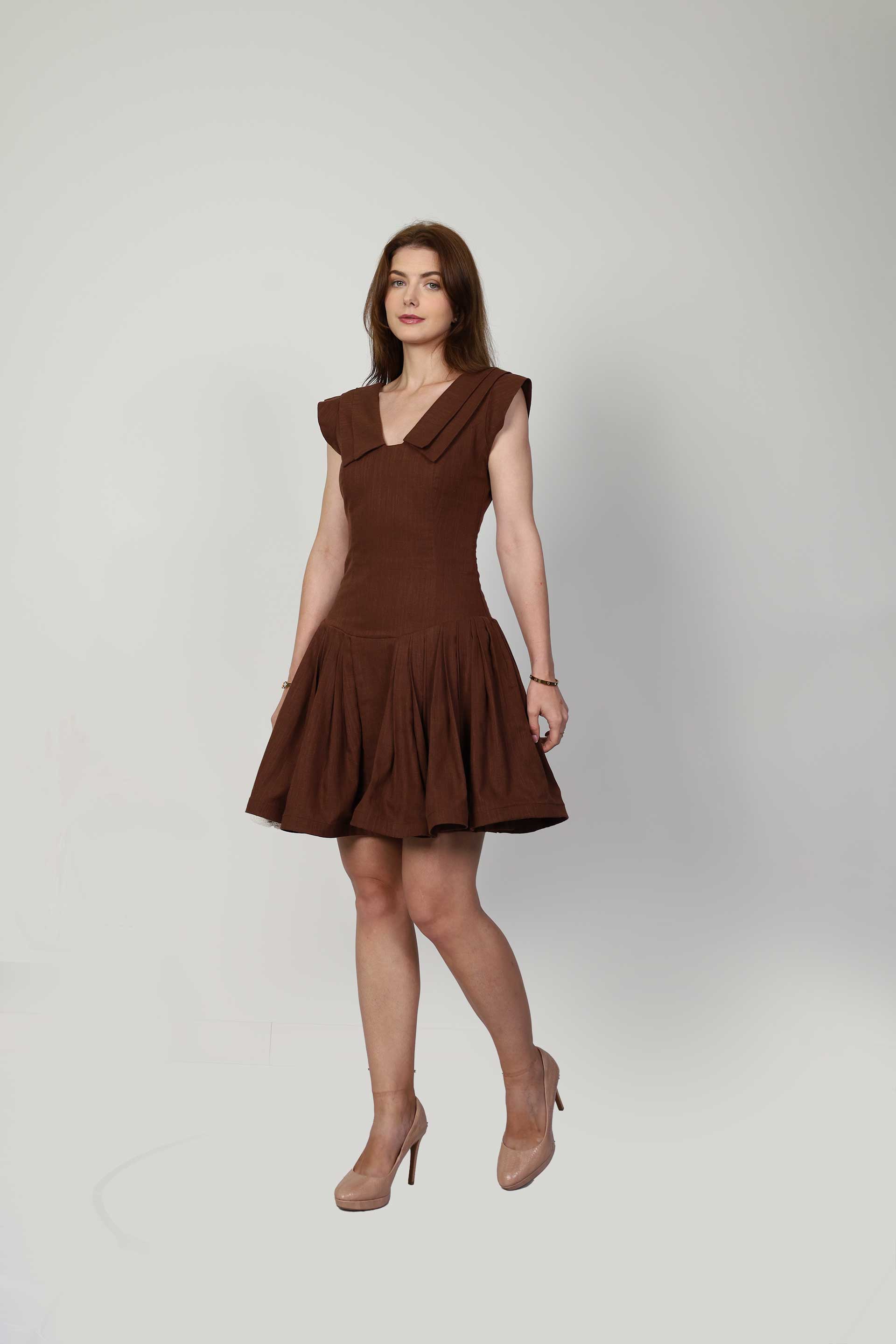 Tiffany Brown Mini Dress Pleated Linen Elegance | MUDA Tiffany Brown Mini Dress Pleated Linen Elegance | MUDA