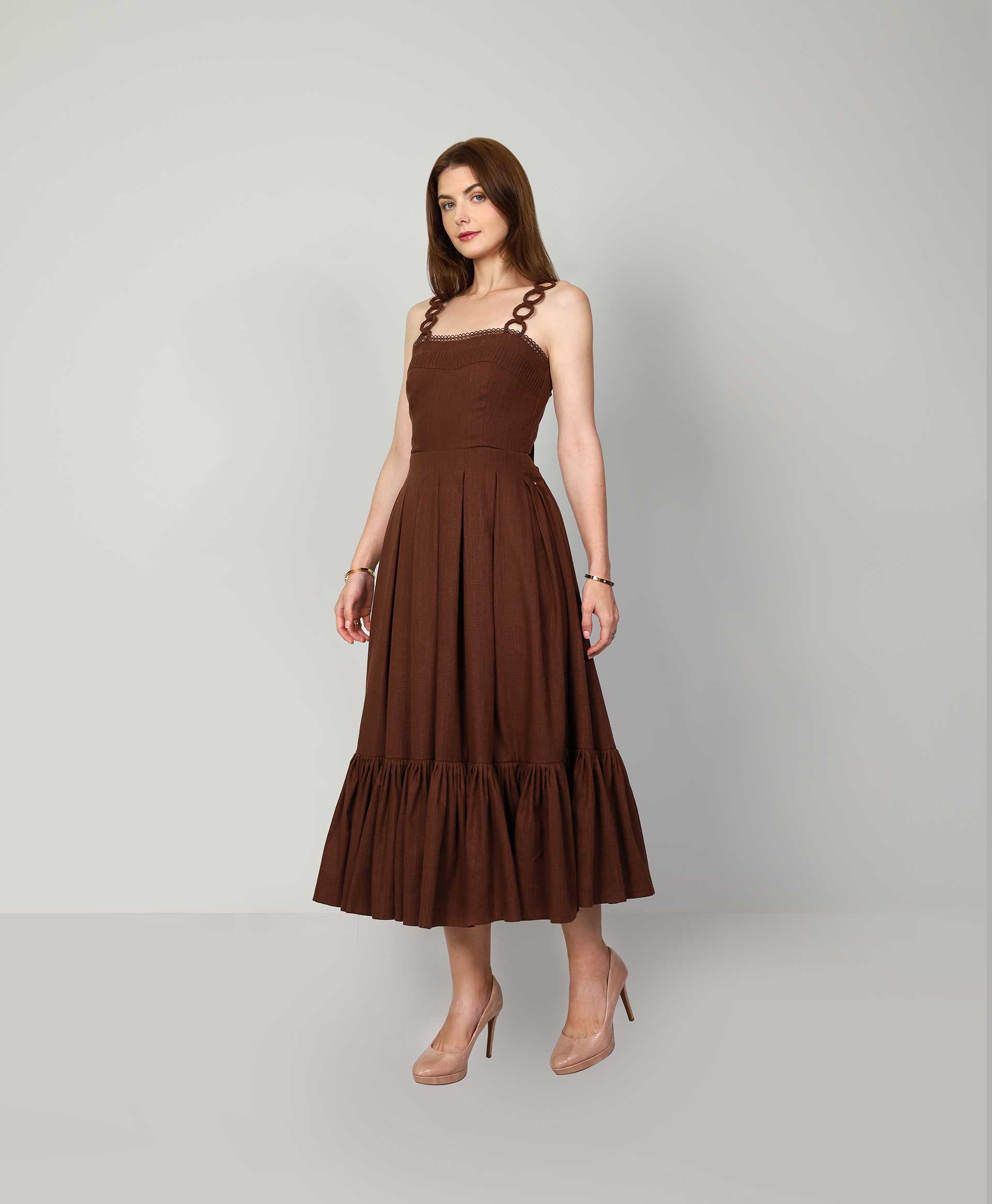 Daphne Brown Linen Maxi Dress Pleated Lace Cutwork | MUDA Daphne Brown Linen Maxi Dress Pleated Lace Cutwork | MUDA
