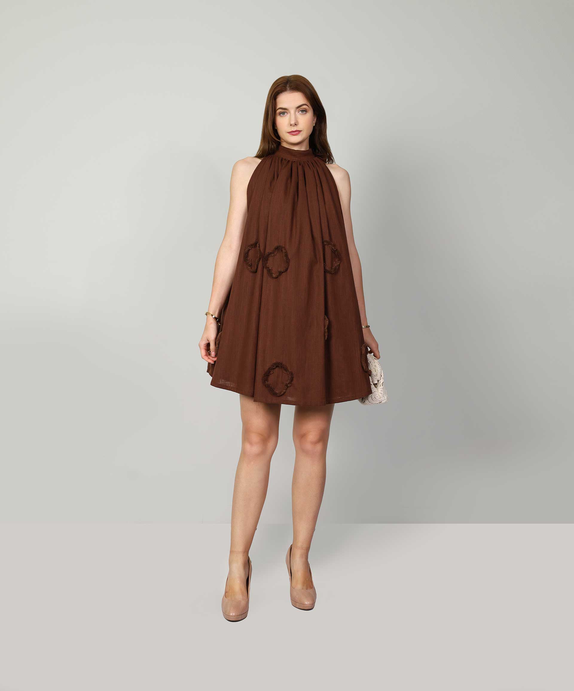 Scarlett Brown Halter Dress Boho Linen Elegance | MUDA Scarlett Brown Halter Dress Boho Linen Elegance | MUDA