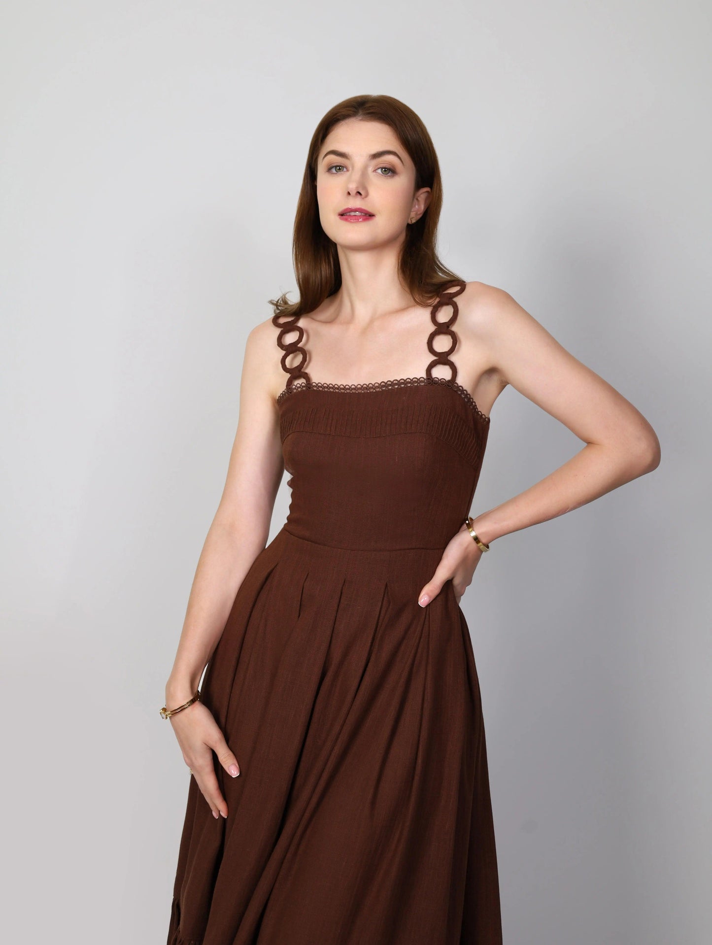 Daphne Brown Linen Maxi Dress Pleated Lace Cutwork | MUDA Daphne Brown Linen Maxi Dress Pleated Lace Cutwork | MUDA